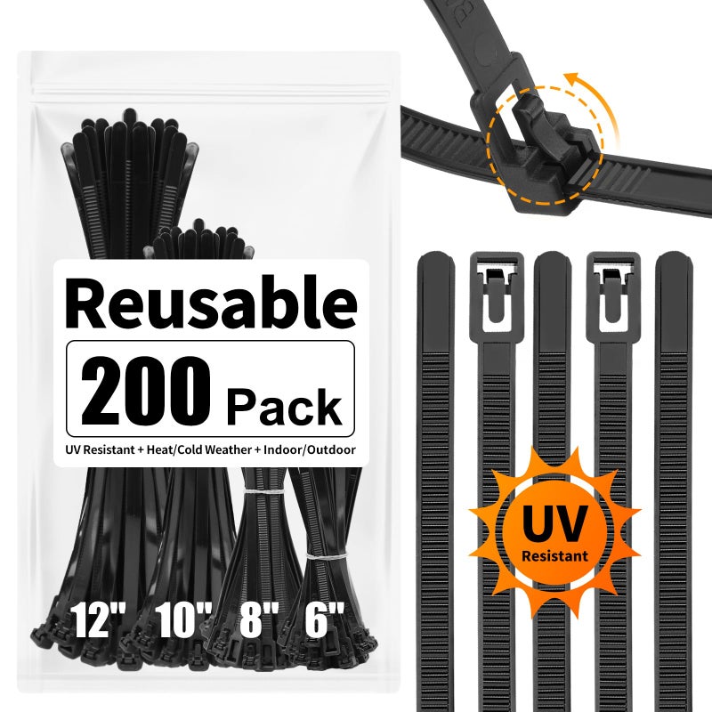 SOOOEC 200 Pack Reusable Zip Ties Assorted Sizes 6+8+10+12 inch UV Resistant, Black Zip Ties Heavy Duty Outdoor Releasable Round Ending No Hurt, Cable Ties Reusable Tie Wraps Indoor Non Slip Off - Image 1